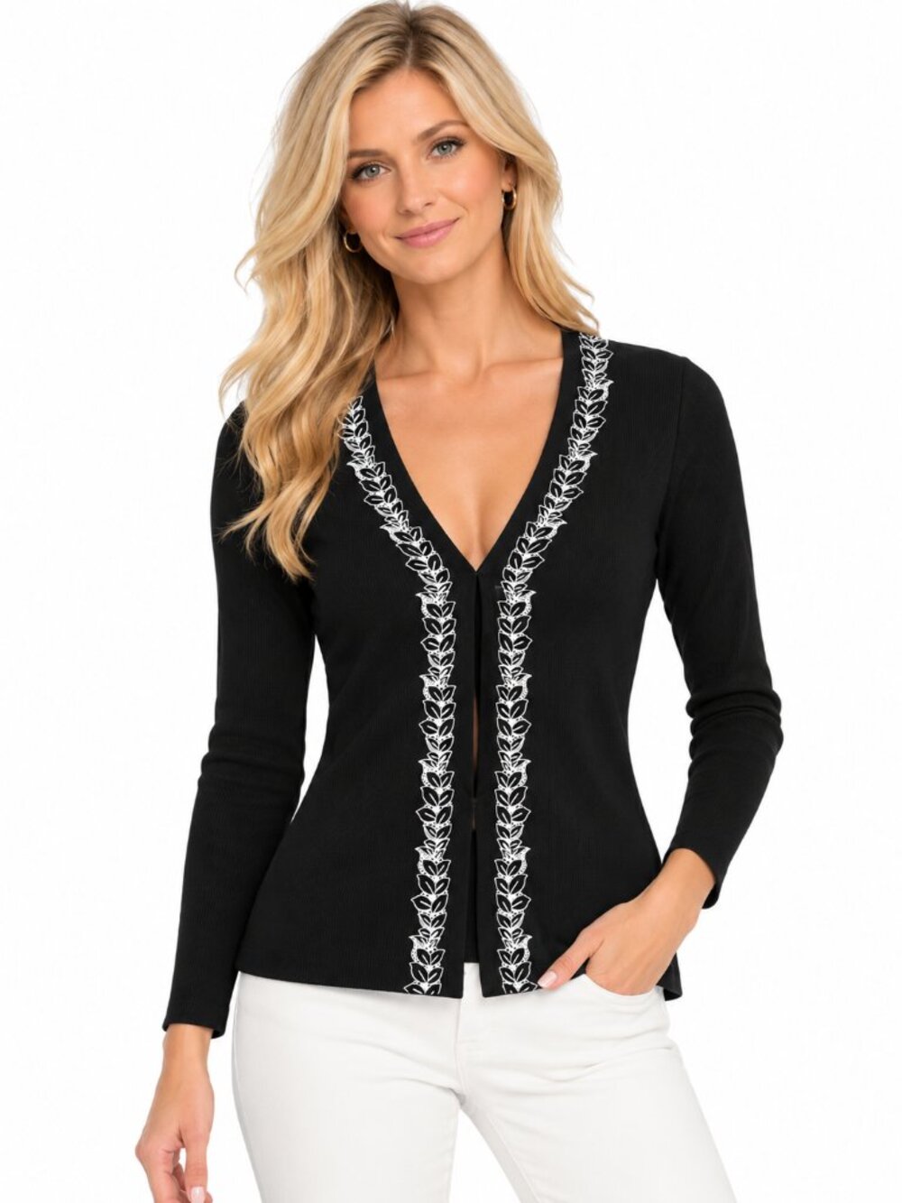 Venini Black Embroidered V-Neck Long Sleeve Cardigan XS